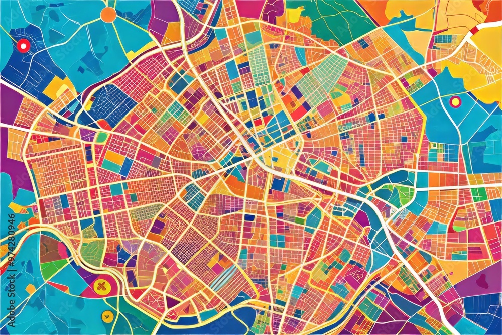 Fototapeta premium Vibrant digital illustration of Bangalore's city map, showcasing major roads, landmarks, and neighborhoods, highlighted