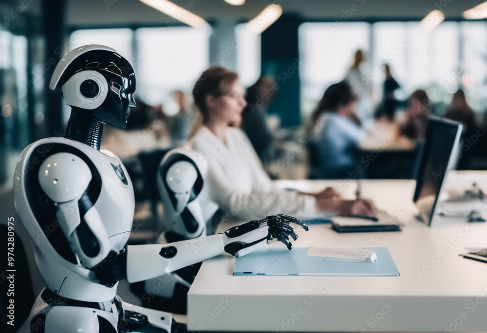 Fototapeta premium humanoid robot working on a laptop