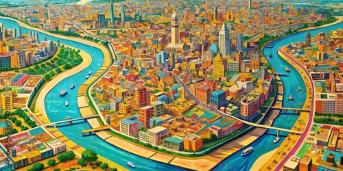 Vibrant digital illustration of Cairo's city map, showcasing intricate streets, landmarks, and Nile River, with bright