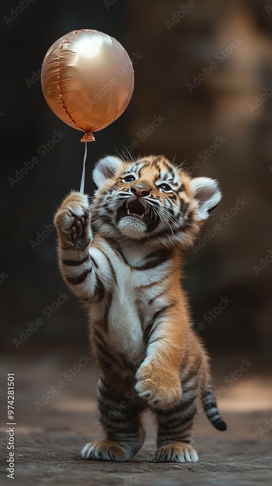 In the hands of an adult, there is a cute baby tiger cub with black and yellow stripes, big eyes In the hands of an adult, there is a cute baby tiger cub with black and yellow stripes, big eyes