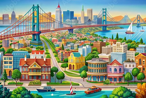 Vibrant digital illustration of San Francisco's iconic streets, neighborhoods, and landmarks, showcasing the city's