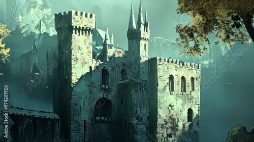 Ancient Castle in a Misty Forest