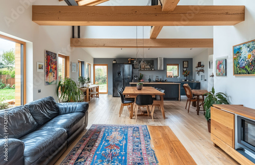 Modern living room with wooden floor and wooden table and chair. Created with Ai 