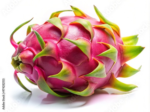 Vibrant dragon fruit with green scaly spikes and pink skin, isolated on white background, showcasing its unique