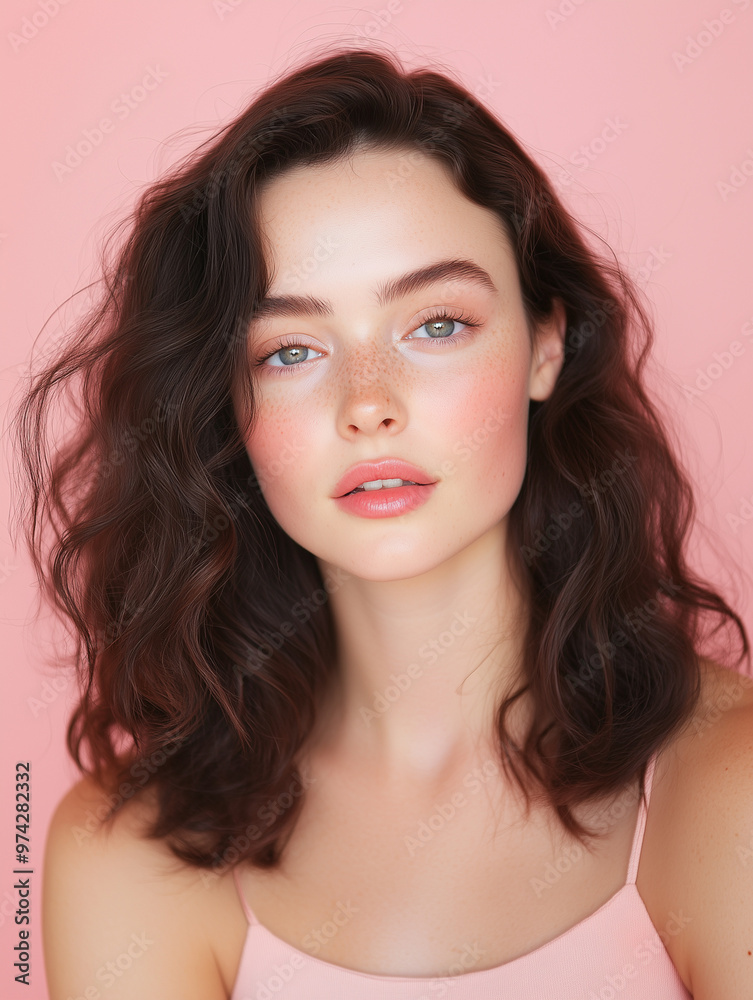 a model headshot with a muted pink background for a makeup campaign. a model headshot with a muted pink background for a makeup campaign.