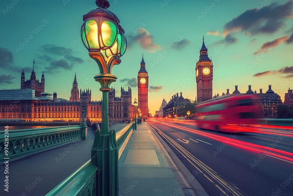 Obraz premium Beautiful cityscape of London with Big Ben tower and a red double decker bus on the streets