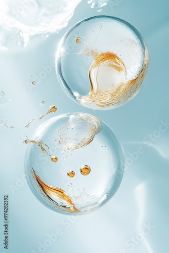 light blue clean background, two spheres with golden liquid on the background