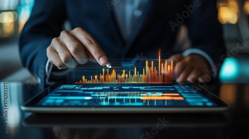 Businessperson presenting data on a tablet while negotiating a financial contract, tech-assisted negotiation, digital presentation in negotiations