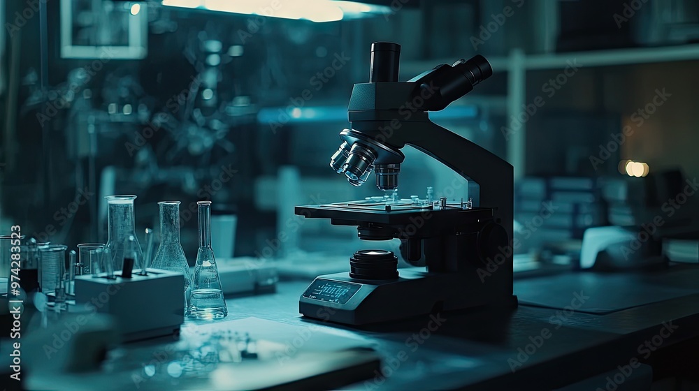 Dark lab setting with a microscope focused on microbes, perfect for highlighting cutting-edge microbiological research Dark lab setting with a microscope focused on microbes, perfect for highlighting cutting-edge microbiological research