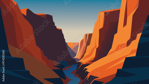 Narrow canyon filled with numerous rocks, showcasing the rugged terrain and steep walls of the natural landscape flat vector illustration.