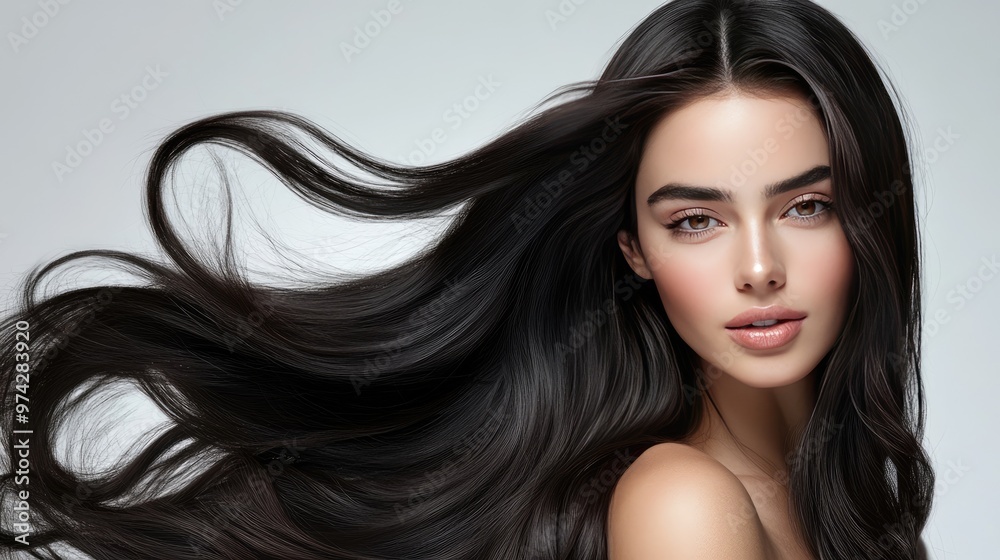 Dark-haired model with long, shiny, wavy hair, perfect for promoting beauty products, cosmetics