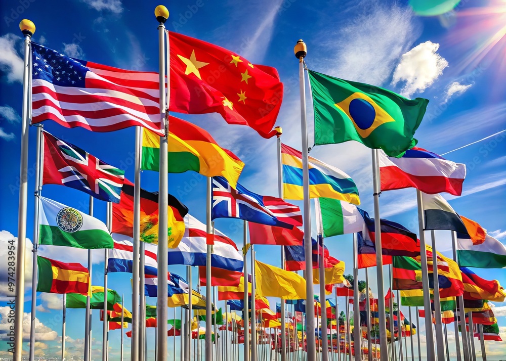 Vibrant flags from diverse nations and cultural backgrounds wave ...