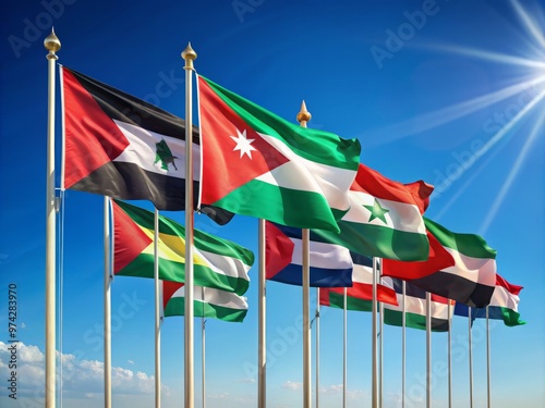 Vibrant flags of 22 Arab states, including Algeria to Yemen, waving in unity against a clear blue sky, photo