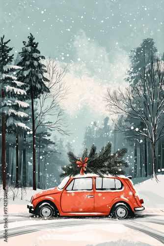 watercolor christmas card with christmas tree laying on roof of car 