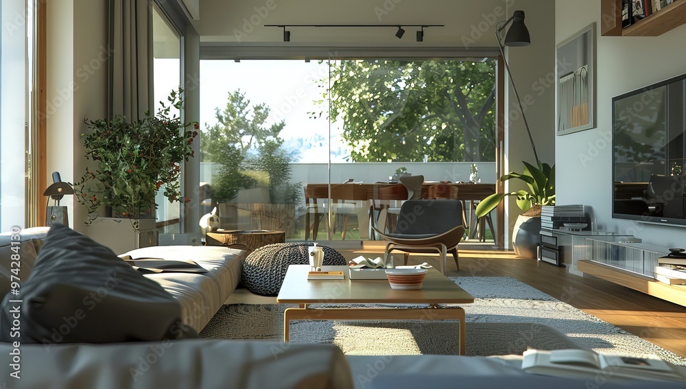 Fototapeta premium Minimalist Style Modern Living Room Interior with Comfortable Furniture, a Serene Space for Relaxation