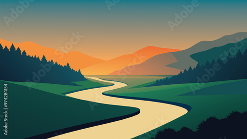 River flows through a lush green field, illuminated by the warm hues of a sunset in the background flat vector illustration.