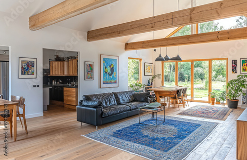 Modern living room with wooden floor with carpet and sofa set. Created with Ai 