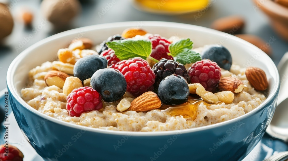 Delicious Oatmeal Breakfast Bowl with Fresh Berries and Nuts Delicious Oatmeal Breakfast Bowl with Fresh Berries and Nuts