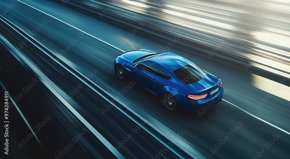 Naklejka premium Blue car driving on highway, motion blur, low angle view, daylight