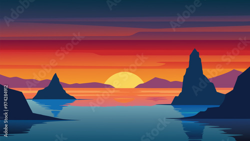 Vibrant colors over the ocean, with rocky formations silhouetted against the shimmering water flat vector illustration