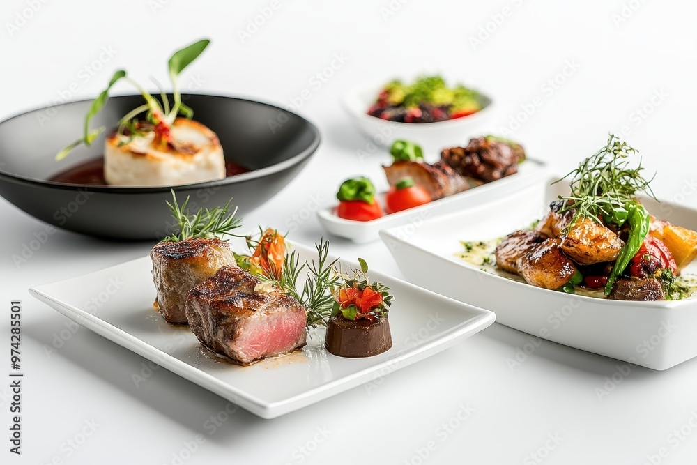 A gourmet meal featuring various meat dishes and sides, beautifully plated for presentation. A gourmet meal featuring various meat dishes and sides, beautifully plated for presentation.