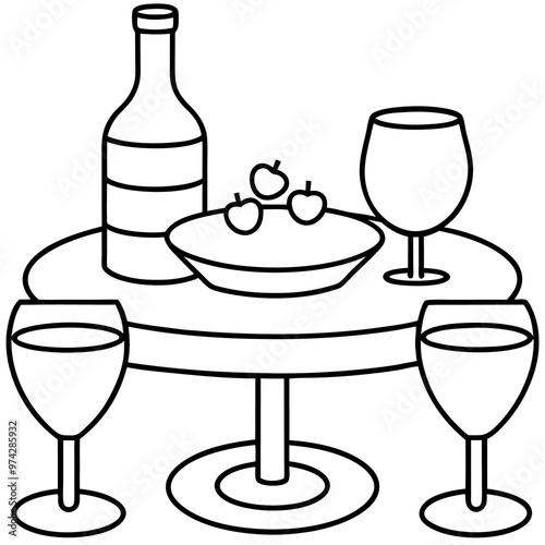 table with wine glasses and dishes outline coloring book page line art drawing