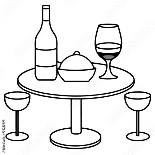 table with wine glasses and dishes outline coloring book page line art drawing