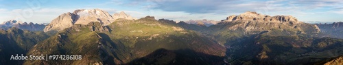 morning panoramic view, mount Marmolada and mount Sella photo