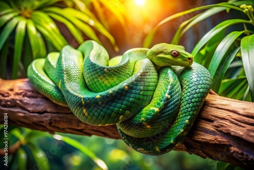 Vibrant green Cutebra snake's intricate patterns glisten in the sunlight as it curls around a rustic wooden branch photo