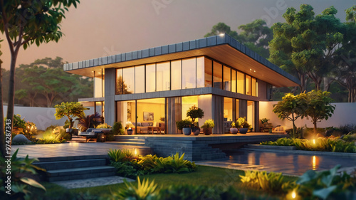 Contemporary Home with Solar Panels and Warm Garden Lights