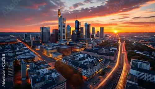 Panoramic Aerial View of Frankfurts Business District at Sunset Showcasing German Architecture photo