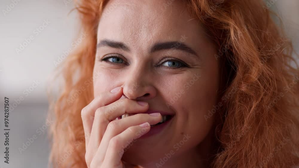 Portrait Caucasian redhead woman amazed happy excited having fun laugh joy rejoice close mouth with hands funny joke humorous reaction looking at camera smiling toothy health girl female face laughing Portrait Caucasian redhead woman amazed happy excited having fun laugh joy rejoice close mouth with hands funny joke humorous reaction looking at camera smiling toothy health girl female face laughing