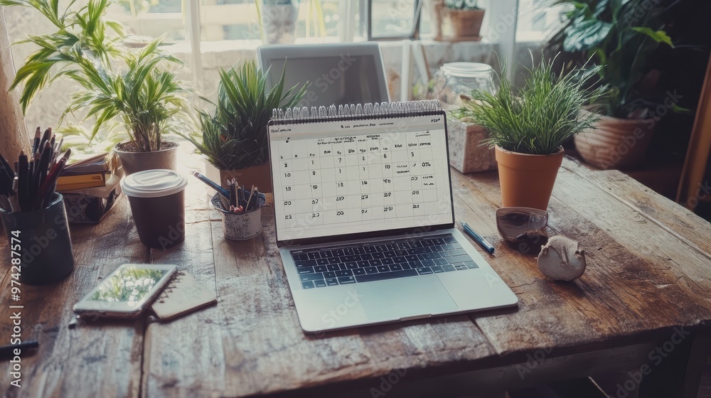Fototapeta premium Cozy Home Office with Calendar and Laptop on Wooden Desk