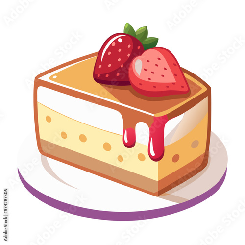 Sweet Strawberry Dream: A cartoon slice of cheesecake topped with juicy strawberries and a drizzle of sauce.