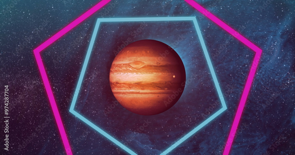 Fototapeta premium Image of colourful shapes over planet on sky with stars