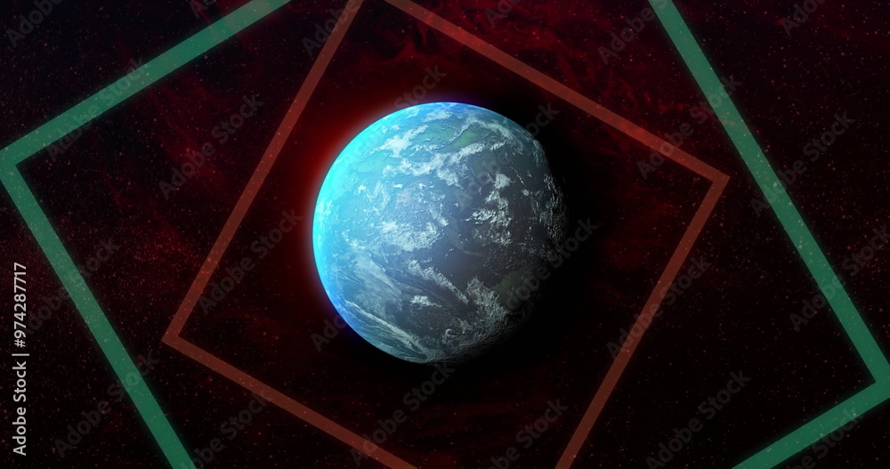 Fototapeta premium Image of colourful shapes over planet on sky with stars