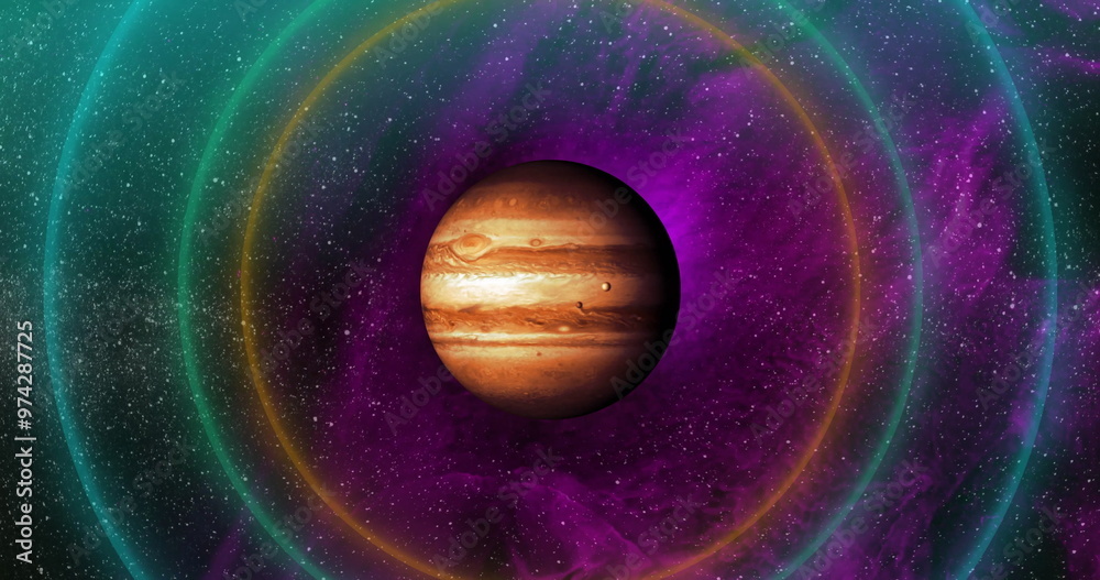 Fototapeta premium Image of colourful shapes over planet on sky with stars