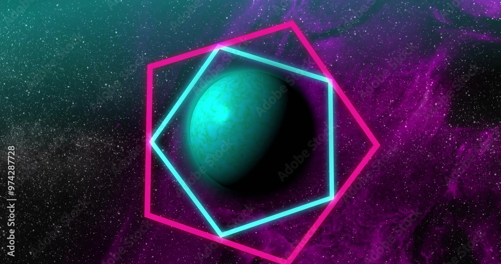 Fototapeta premium Image of colourful shapes over planet on sky with stars