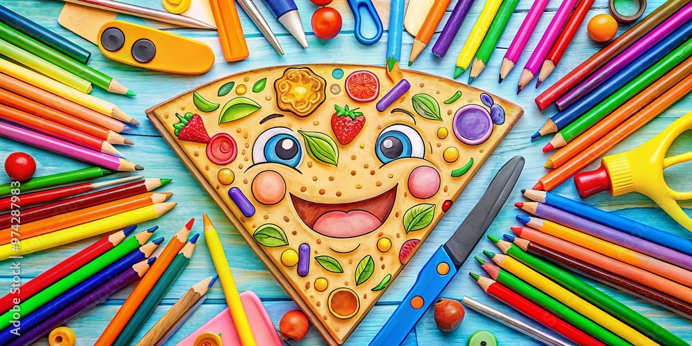 Fototapeta premium Vibrant illustration of a cheerful slice of pizza surrounded by colorful tools and utensils on a fun and