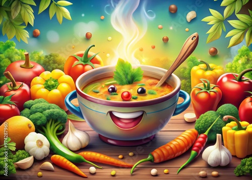 Vibrant illustration of a cheerful cartoon bowl of steaming hot soup with a smiling face, surrounded by colorful photo