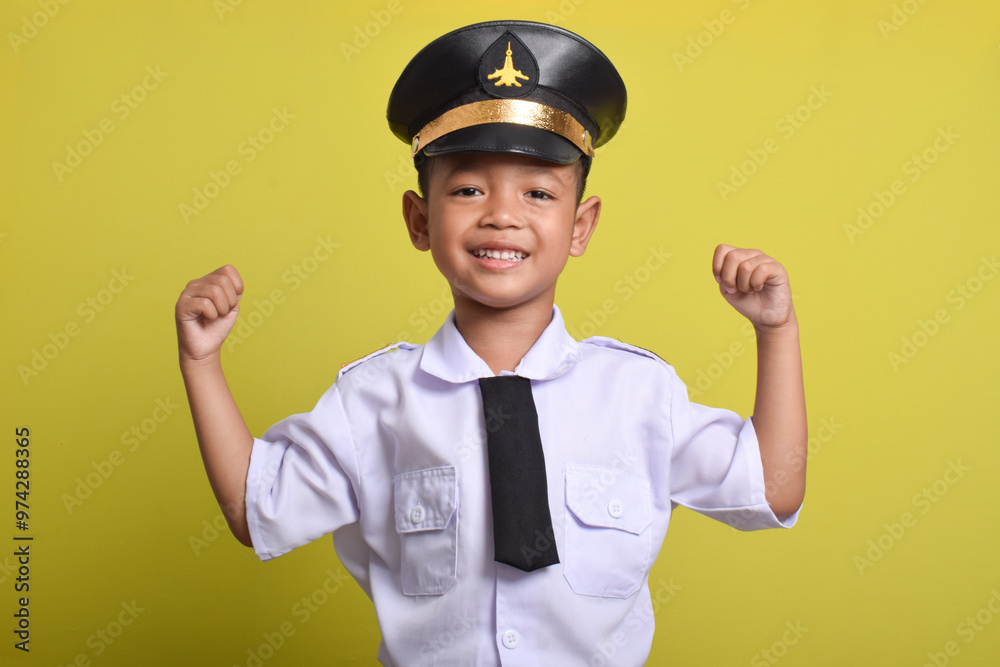 Little Asian boy Airplane pilot isolated on yellow background doing strong movement. Little boy dreams of becoming an airplane pilot. Little Asian boy Airplane pilot isolated on yellow background doing strong movement. Little boy dreams of becoming an airplane pilot.