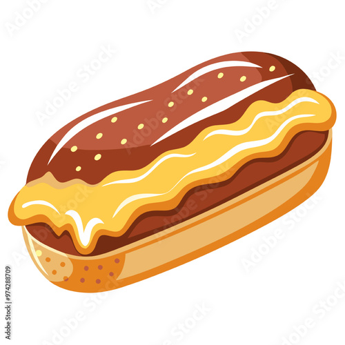 Creamy Chocolate Eclair: Indulge in this delectable illustration of a classic French pastry, showcasing a chocolate eclair filled with a creamy custard and topped with a generous drizzle of chocolate.