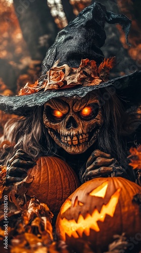 scary spooky halloween season, monster skull and crossbones halloween witch with pumpkin