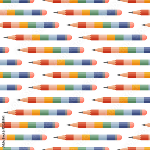 Seamless pattern of colored pencils in pastel colors on white background. Cute design for education, stationery decorative, gift wrapping and packaging. Vector illustration in flat style.