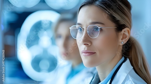 Doctors In Clinic Looking At Brain MRI Scan photo