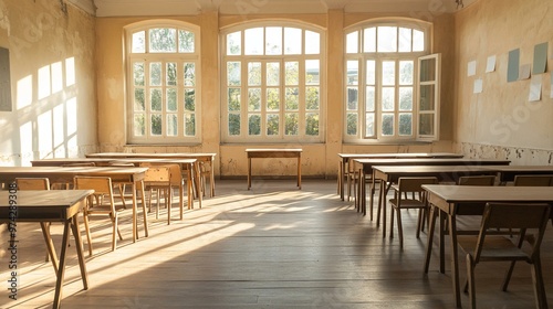 Empty Classroom with Wooden Desks and Chairs in an Old Building with Sunlight Streaming Through the Windows