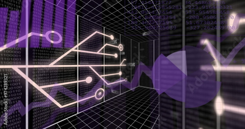 Image of network and processing data over grid on black background photo