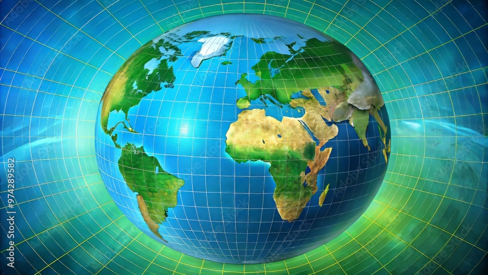 Vibrant illustration of the Earth's equator line in bold blue, winding through lush green continents, surrounded by Vibrant illustration of the Earth's equator line in bold blue, winding through lush green continents, surrounded by