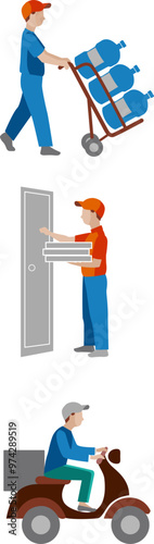 A man in a helmet rides a motor scooter Delivery of food goods Pizza delivery boy rides,Blonde water delivery man carting bottle of water to customer Courier carrying purified drinkable liquid bottles