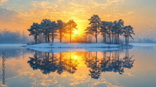 Snow-covered pine tree in serene winter mountain landscape